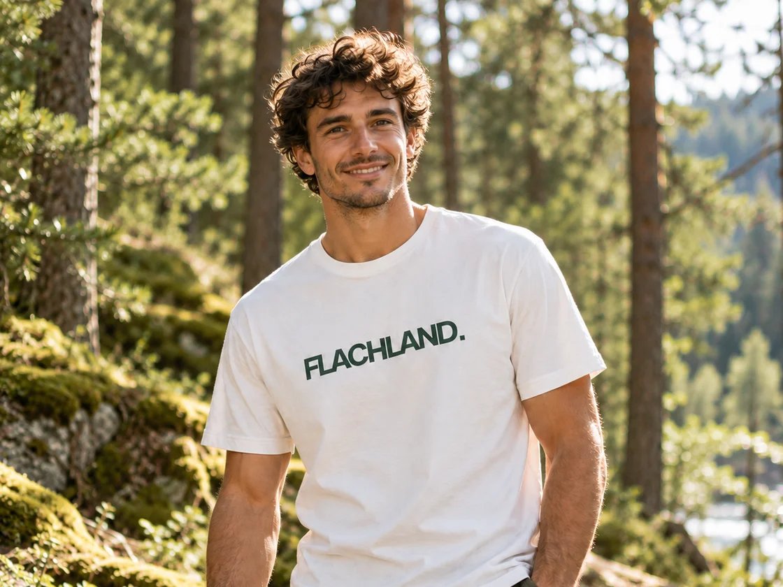 Eine Person trägt ein cremeweißes T-Shirt mit dem dunkelgrünen Schriftzug FLACHLAND., dahinter ein sonniger Wald