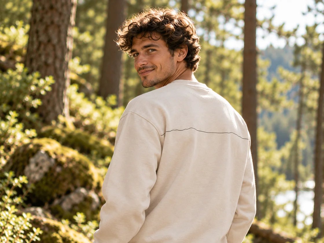Eine Person in einem sandfarbenen Sweatshirt mit einer feinen dunklen Linie quer über den Rücken blickt über die Schulter, dahinter ein sonniger Kiefernwald