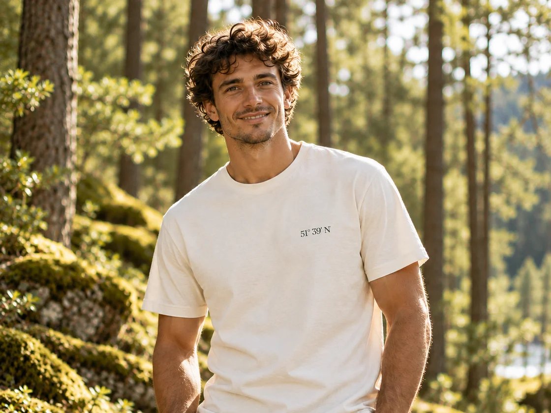 Eine Person trägt ein cremeweißes T-Shirt mit dem kleinen Aufdruck 51° 39′ N auf der Brust, dahinter ein sonniger Kiefernwald