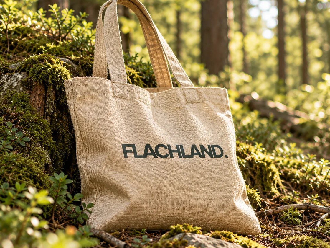 Eine Jutetasche mit dem dunkelgrünen Schriftzug FLACHLAND. steht auf bemoostem Waldboden
