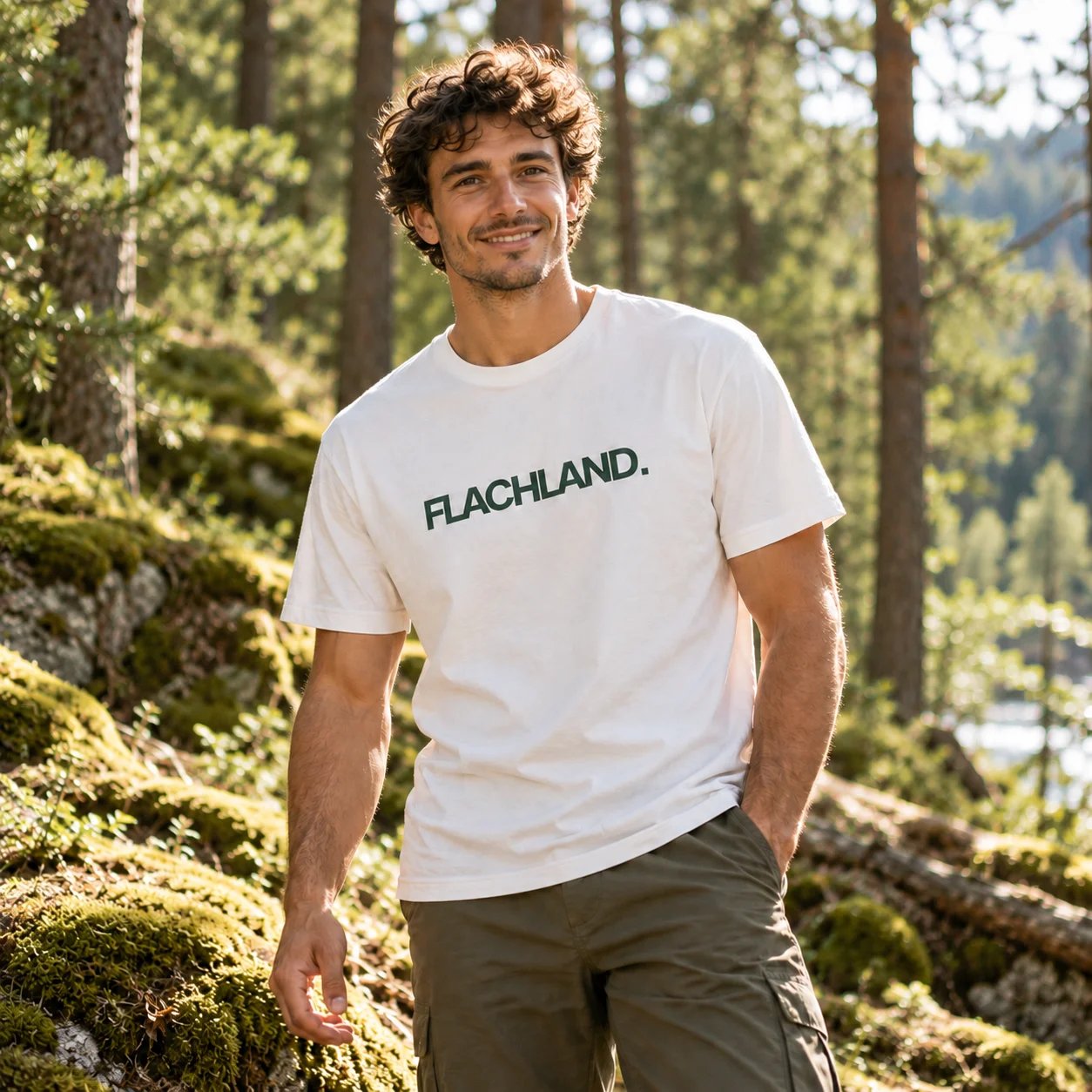 Eine Person trägt ein cremeweißes T-Shirt mit dem dunkelgrünen Schriftzug FLACHLAND., dahinter ein sonniger Wald