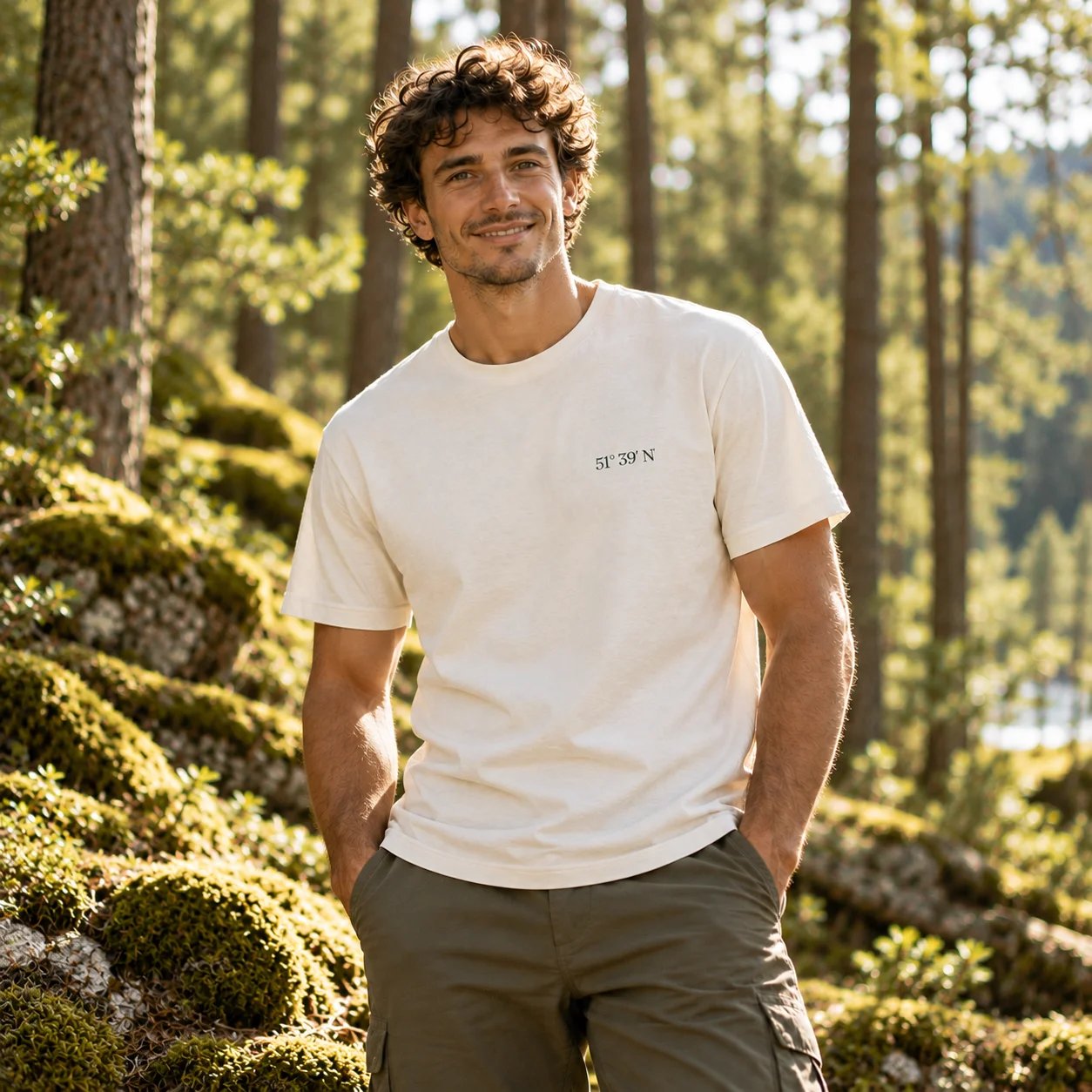 Eine Person trägt ein cremeweißes T-Shirt mit dem kleinen Aufdruck 51° 39′ N auf der Brust, dahinter ein sonniger Kiefernwald